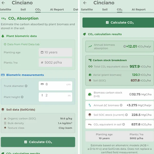 Captura de ecrã da app iAgro: Absorção de CO₂