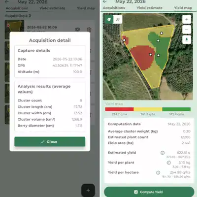 Smart farming plant with yield map Agricultural yield map with detailed analysis of cultivated areas and estimated production.